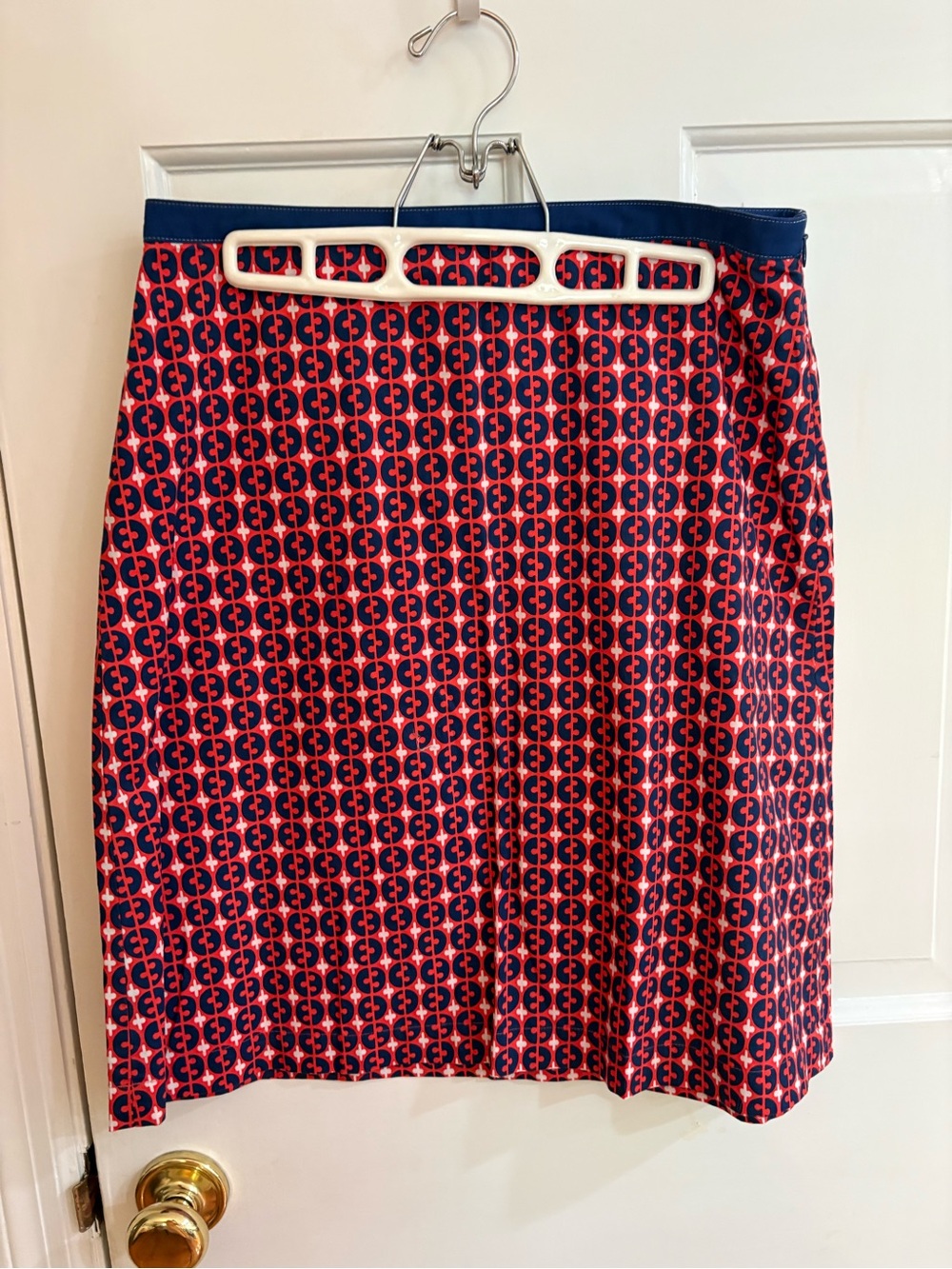 Boden Women's Navy and Coral Geometric A-Line Skirt size 8